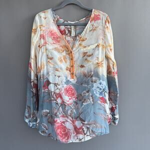 Aratta Silent Journey sheer floral henley blouse - embroidered back - size M
